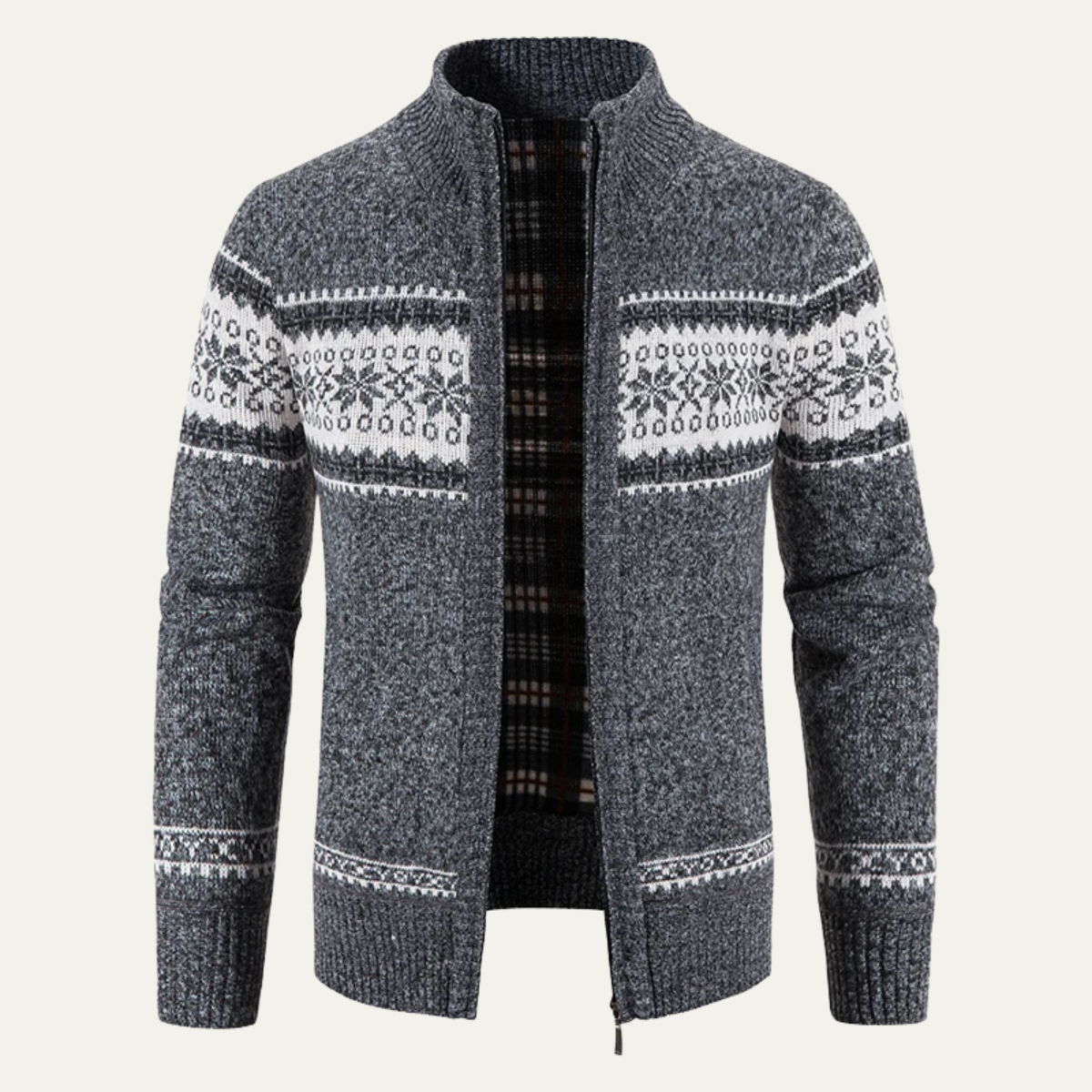 VogeLuxe | Men’s Zip Up Knit Cardigan with Nordic Chest Pattern