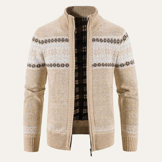 VogeLuxe | Men’s Zip Up Knit Cardigan with Nordic Chest Pattern