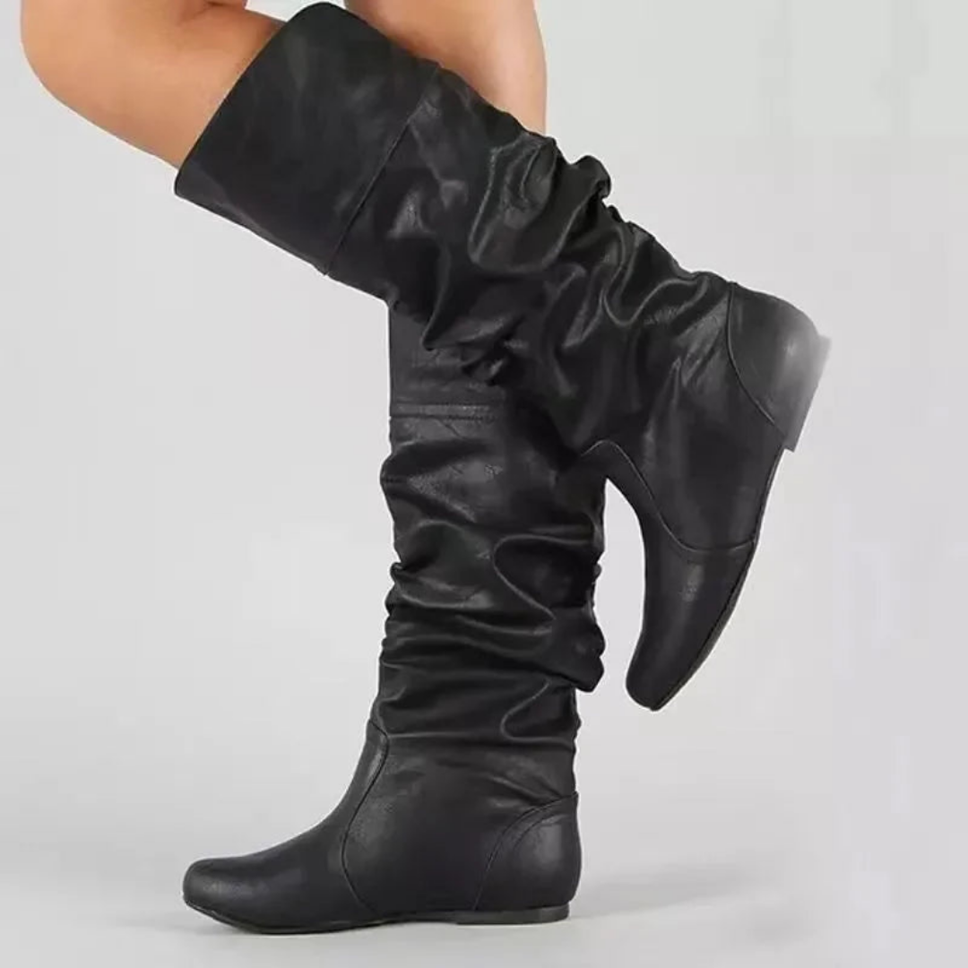 Donne Mid Calf Stivali Morbidi con Ribaltabile | Comodi Stivali Bassi Lunghi