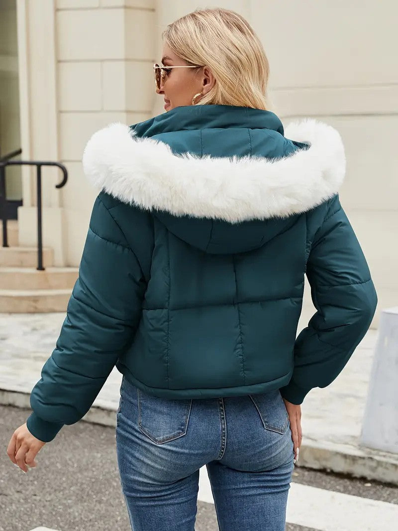 VogeLuxe | Women’s Cropped Quilted Puffer Jacket with Faux Fur Hood