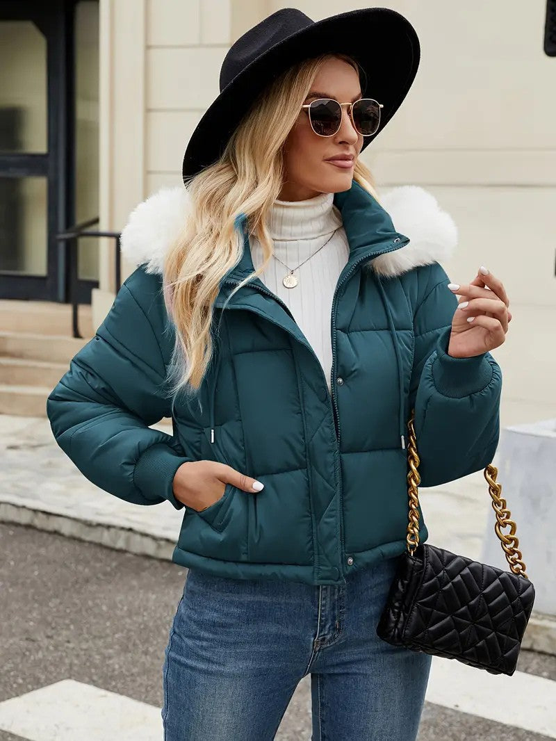VogeLuxe | Women’s Cropped Quilted Puffer Jacket with Faux Fur Hood