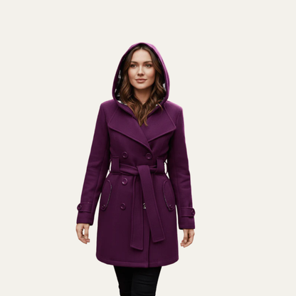 VogeLuxe | Women’s Belted Double-Breasted Wool Coat with Hood