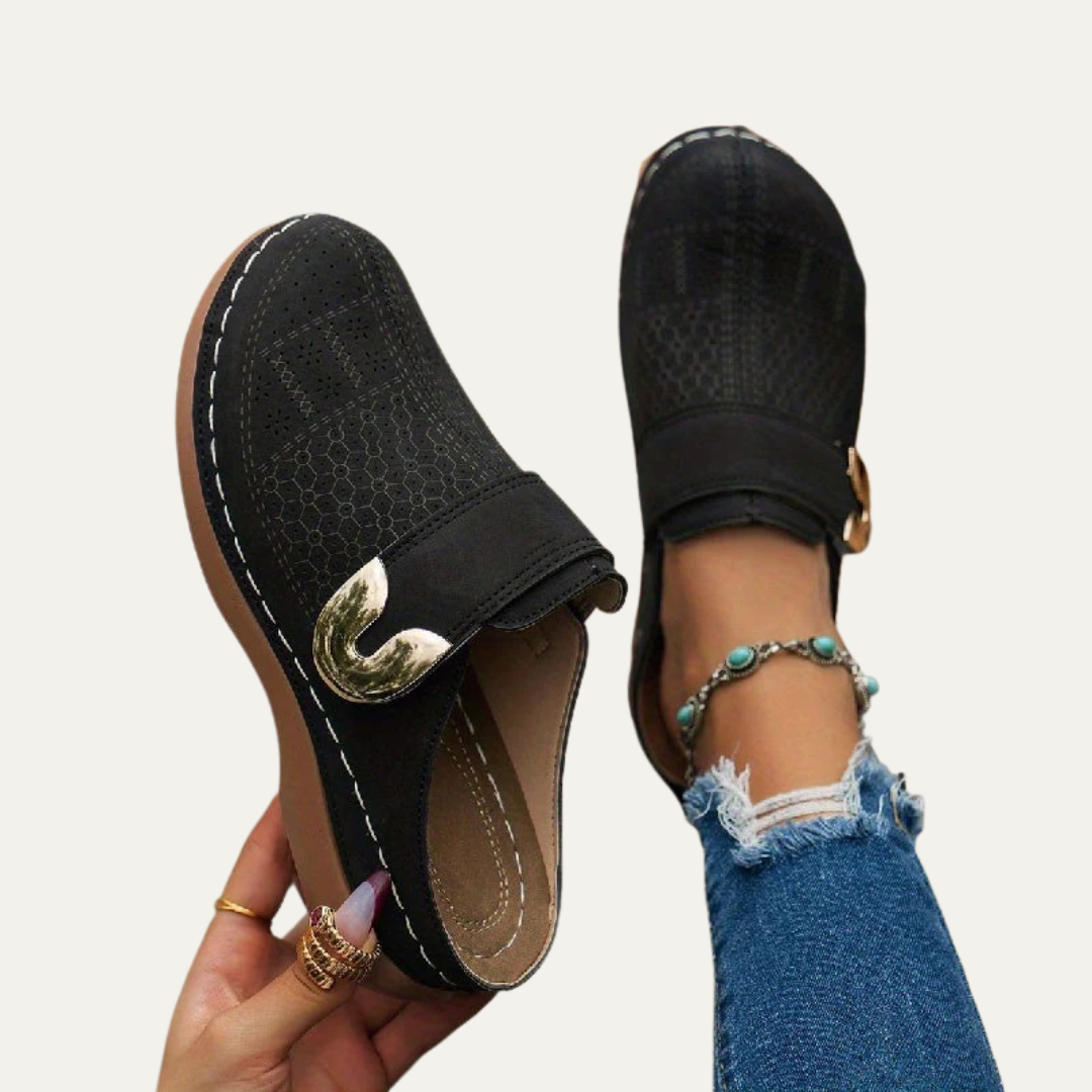 VogeLuxe | Women’s Perforated Floral Buckle Slip On Mules