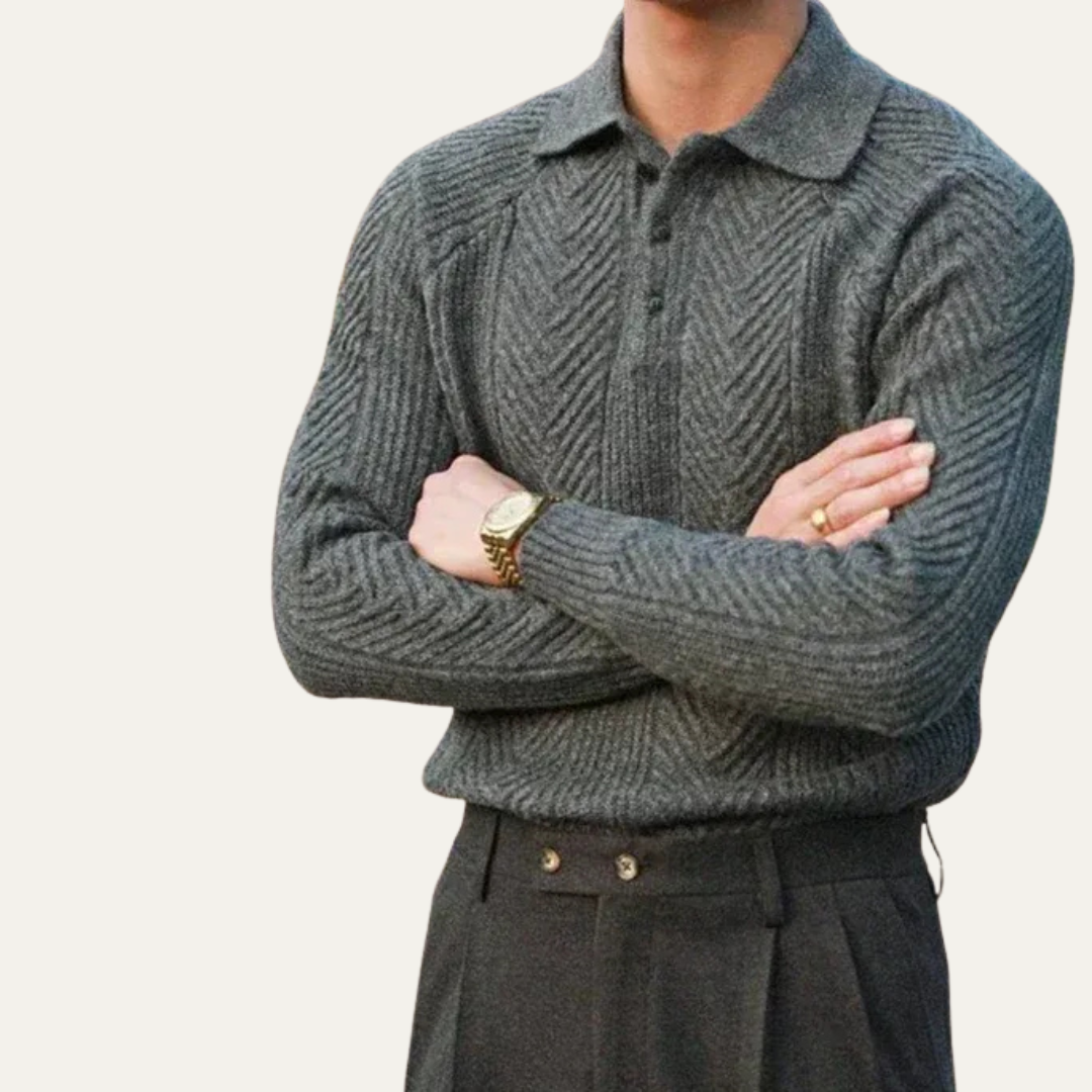 VogeLuxe | Men’s Textured Chevron Knit Polo With Zip Neck