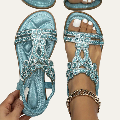 VogeLuxe | Women’s Open Toe Rhinestone T Strap Flat Sandal