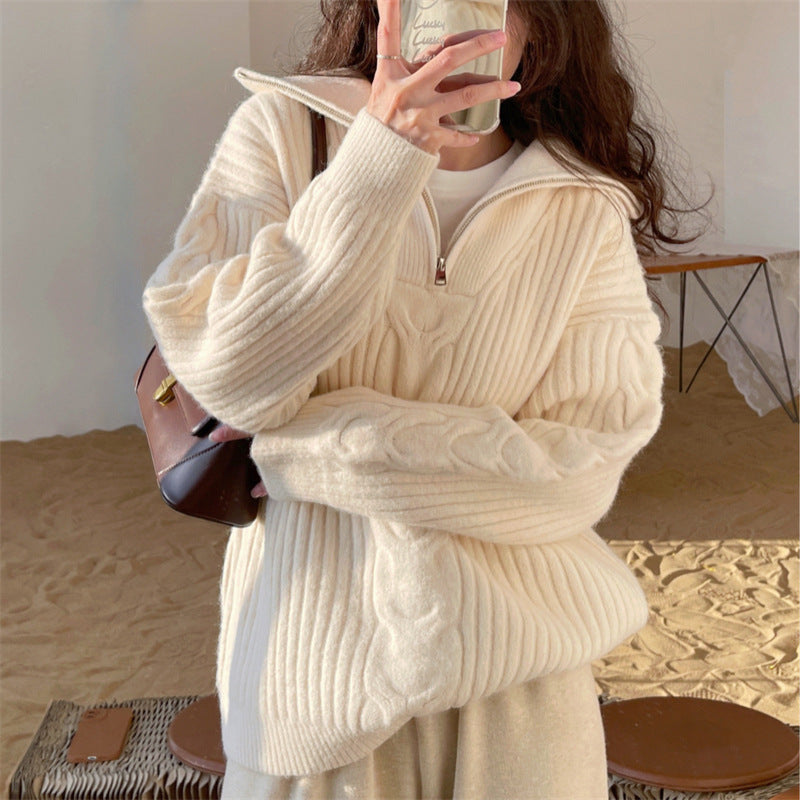 Classic Women's Cream Knit Zip Sweater - VogeLuxe