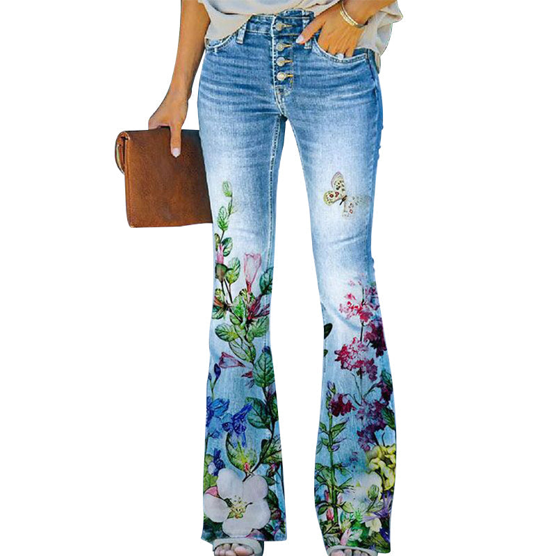Women's Vintage Floral Wide Leg Pants with Buttons