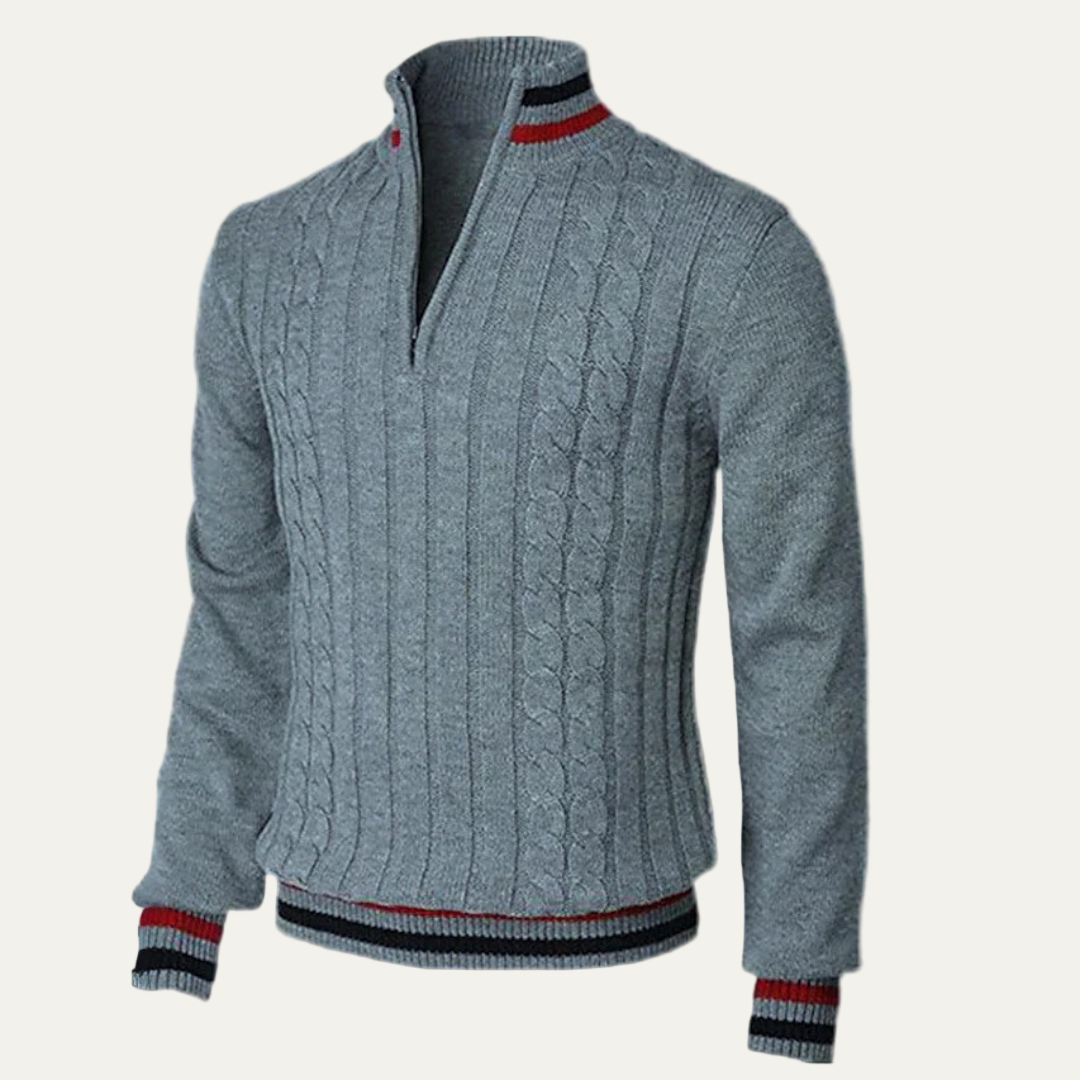 VogeLuxe | Men’s Striped Mock Neck Cable Zip Sweater