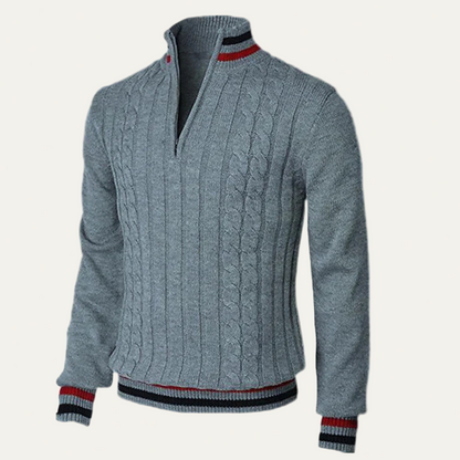 VogeLuxe | Men’s Striped Mock Neck Cable Zip Sweater