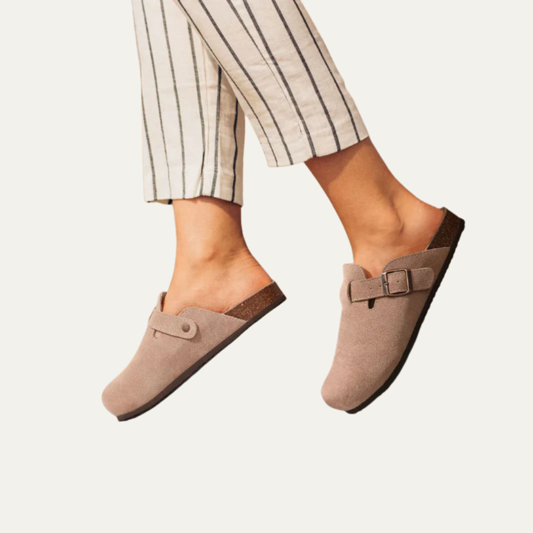 VogeLuxe | Women’s Suede Look Closed Toe Mule with Cork Style Footbed