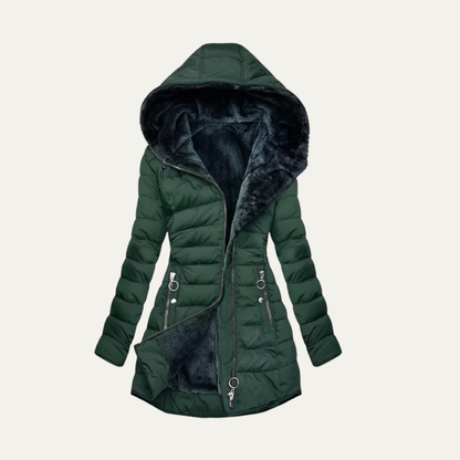 VogeLuxe | Women’s Mid Length Quilted Puffer Coat with Faux Fur Hood