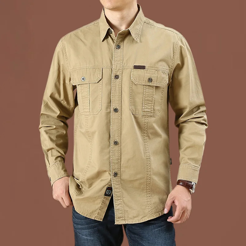 Relaxed Fit Work Shirt with Pockets Long Sleeve Button Front