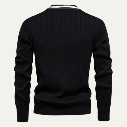 VogeLuxe | Men’s V Neck Rib Knit Cardigan with Striped Trim