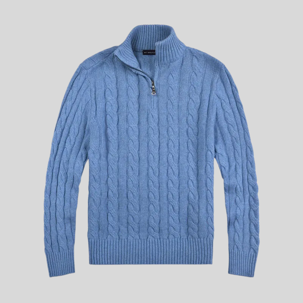VogeLuxe | Men’s Cable Knit Mock Neck Quarter Zip Sweater