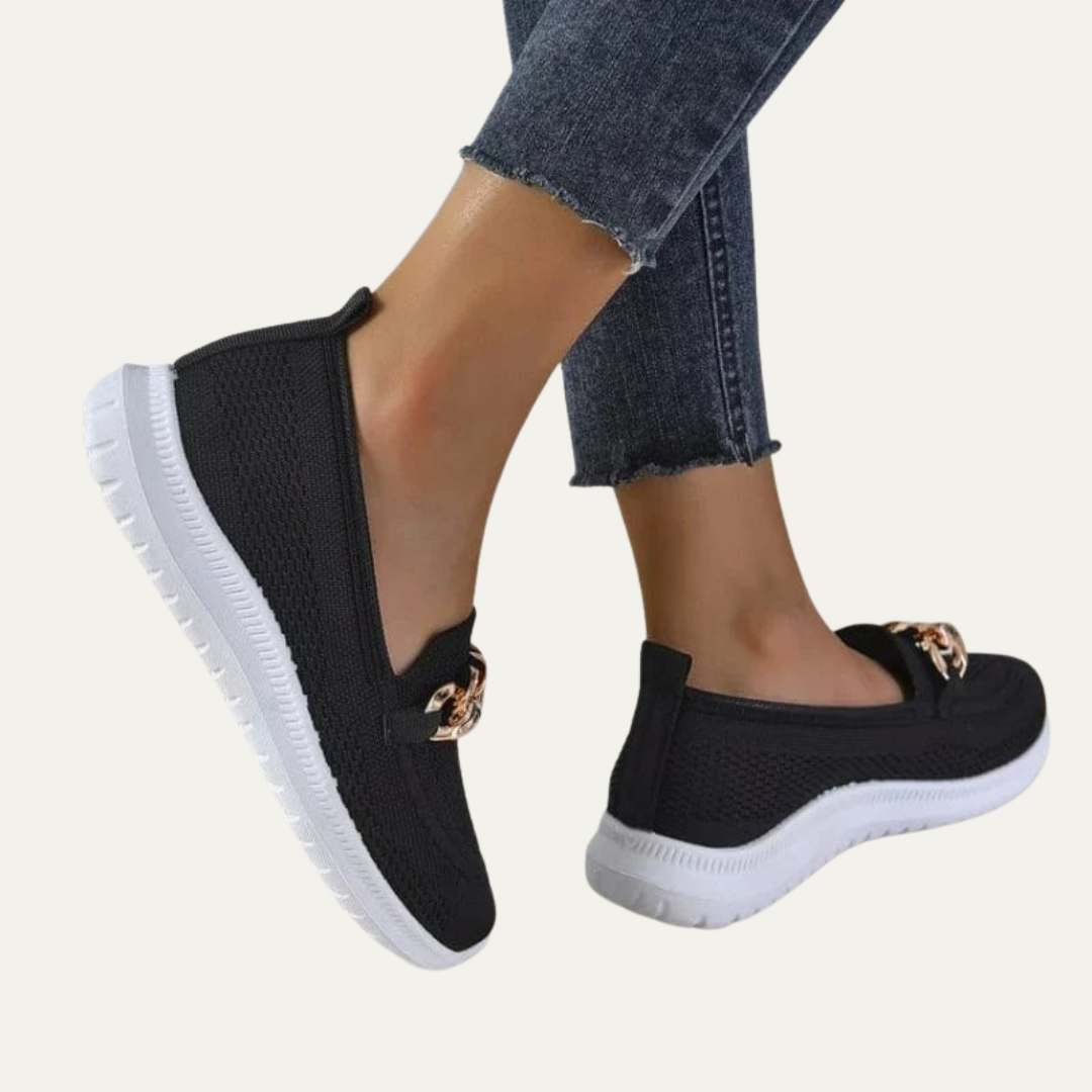 VogeLuxe | Women’s Knitted Slip On Loafers with Chain Detail