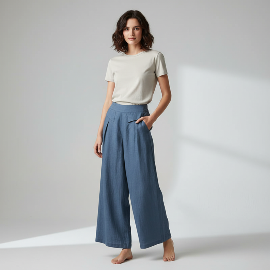 Classic Beige Cotton Linen Wide Leg Pants With Pockets