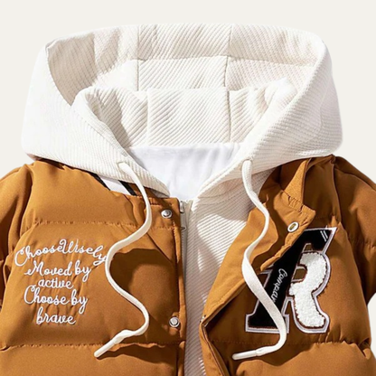 VogeLuxe | Men’s Varsity Style Puffer Jacket with Embroidered Graphics