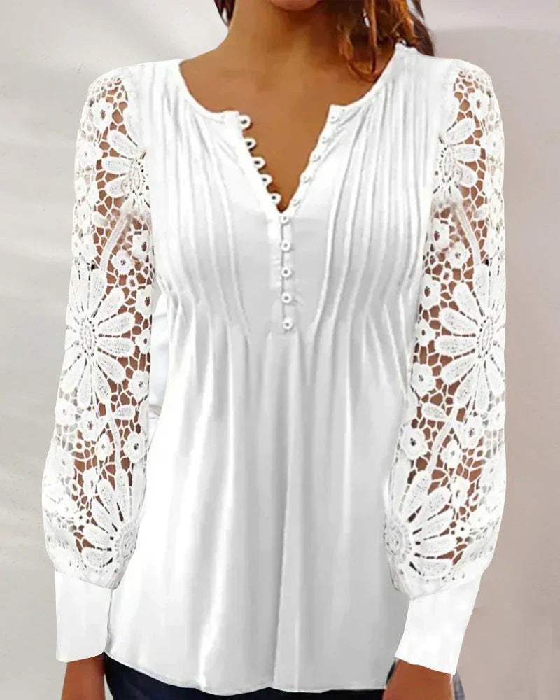 Ladies' Chic Blouse with Long Sleeves and Lace Trim - VogeLuxe