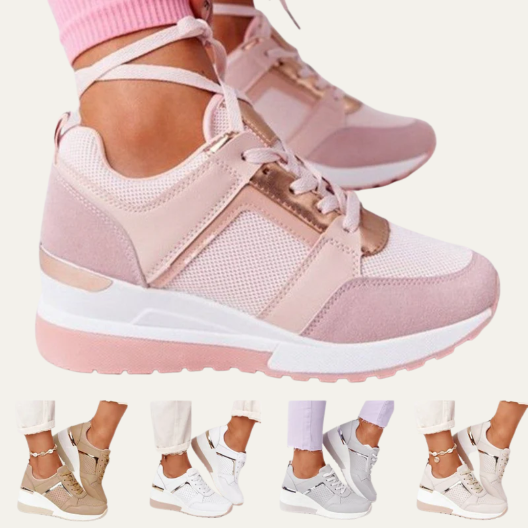 VogeLuxe | Women’s Wedge Sneakers with Breathable Perforated Panels and Metallic Accents