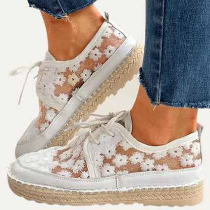 VogeLuxe | Women’s Lace Up Mesh Platform Shoes with Floral Embroidery