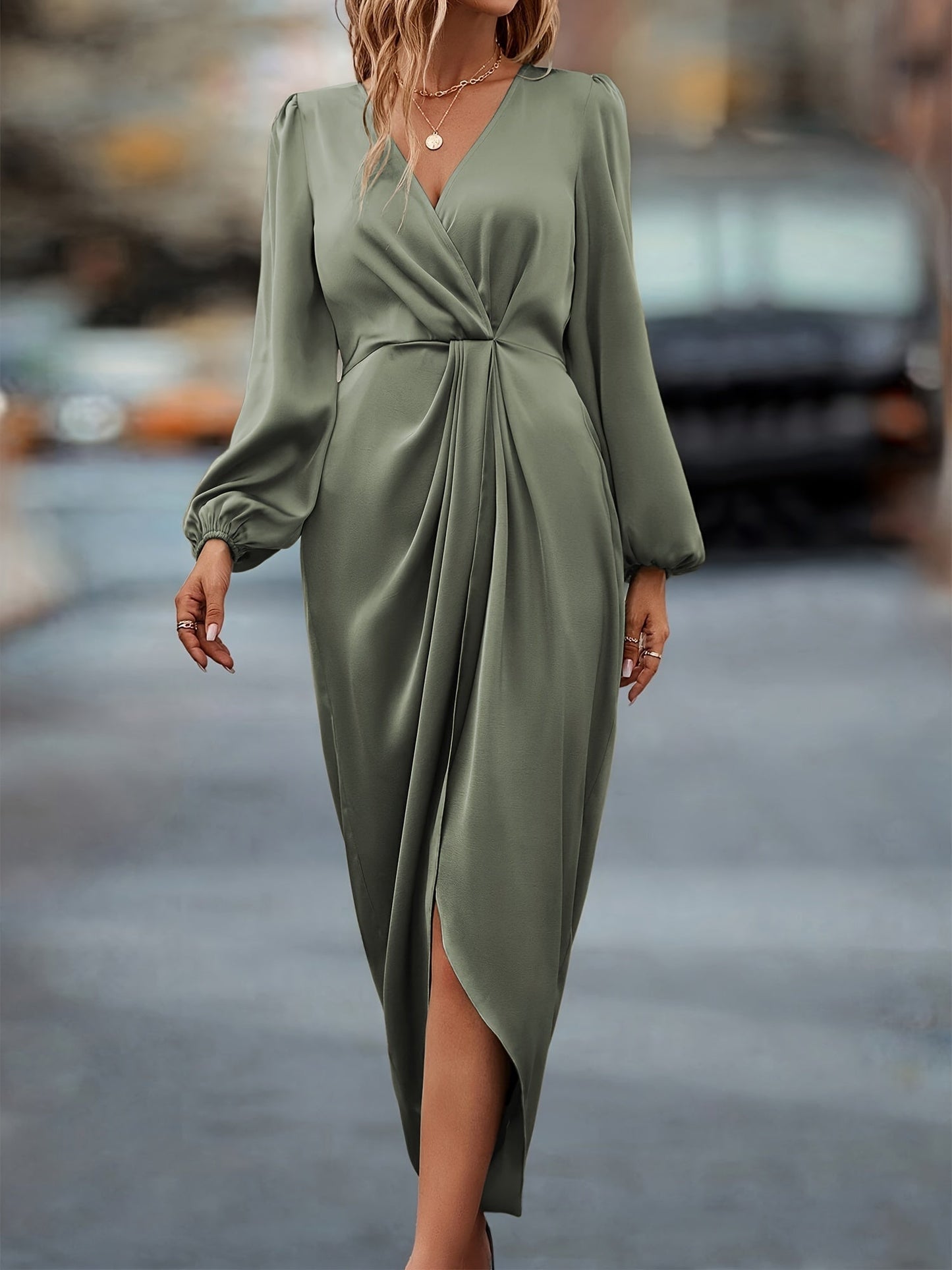 Elegant V Neck Long Sleeve Evening Dress for Ladies