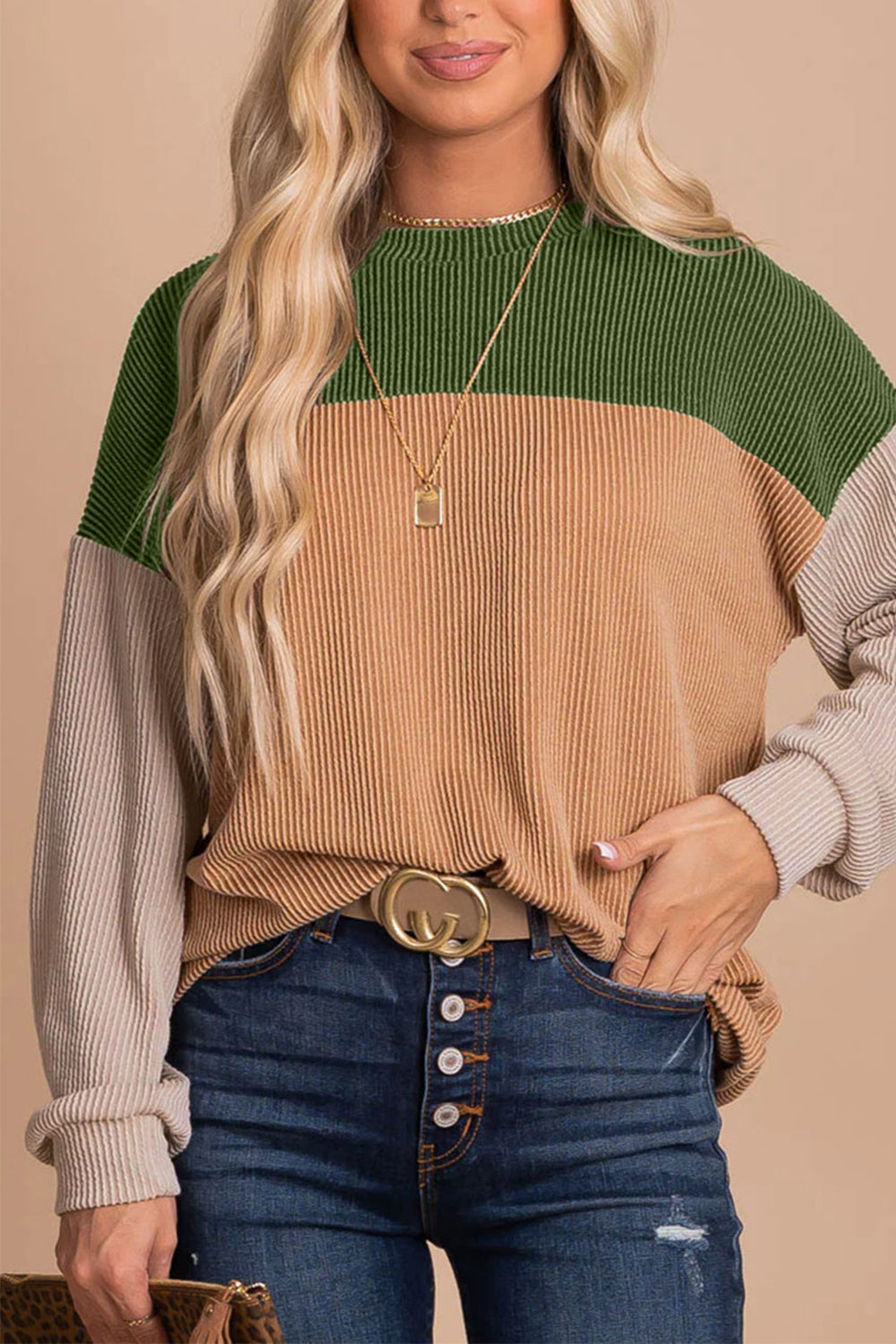 Ladies Warm Long-Sleeve Sweater with Color Block Design