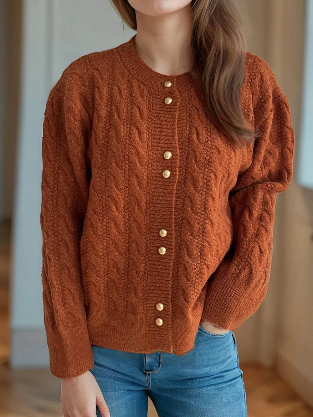 Cozy Crew Neck Button Cardigan Sweater
