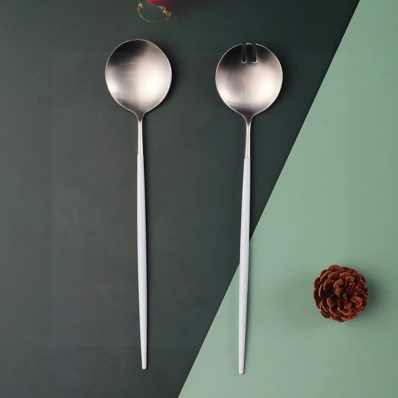 Modern White and Silver Salad Servers - BritishElegance