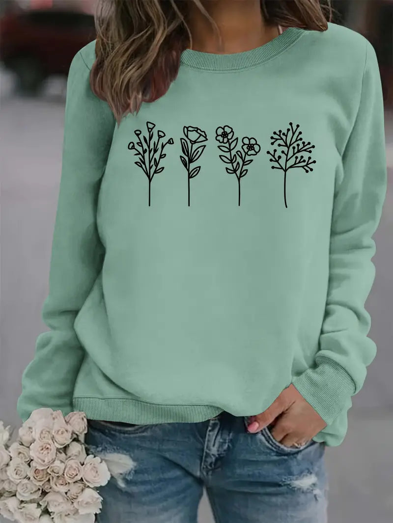 Soft Green Floral Crew Neck Sweatshirt for Women - VogeLuxe