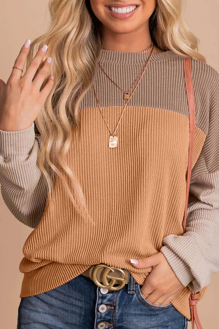 Ladies Warm Long-Sleeve Sweater with Color Block Design
