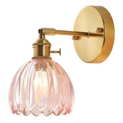 Stylish Glass Wall Light | Rose Ribbed Shade & Gold Finish