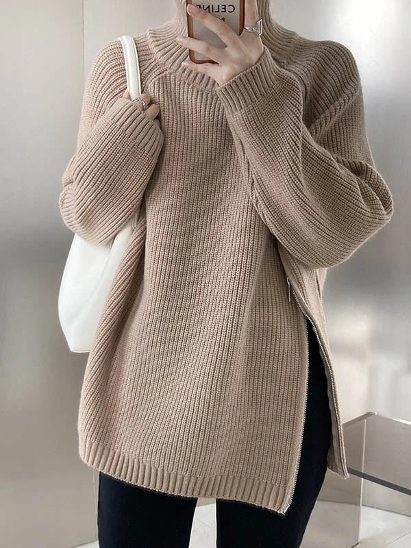 Cozy Women's Oversized Turtleneck Sweater with Zip Detail
