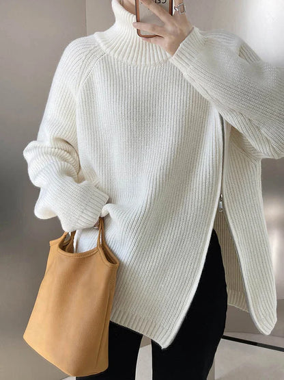 Cozy Women's Oversized Turtleneck Sweater with Zip Detail
