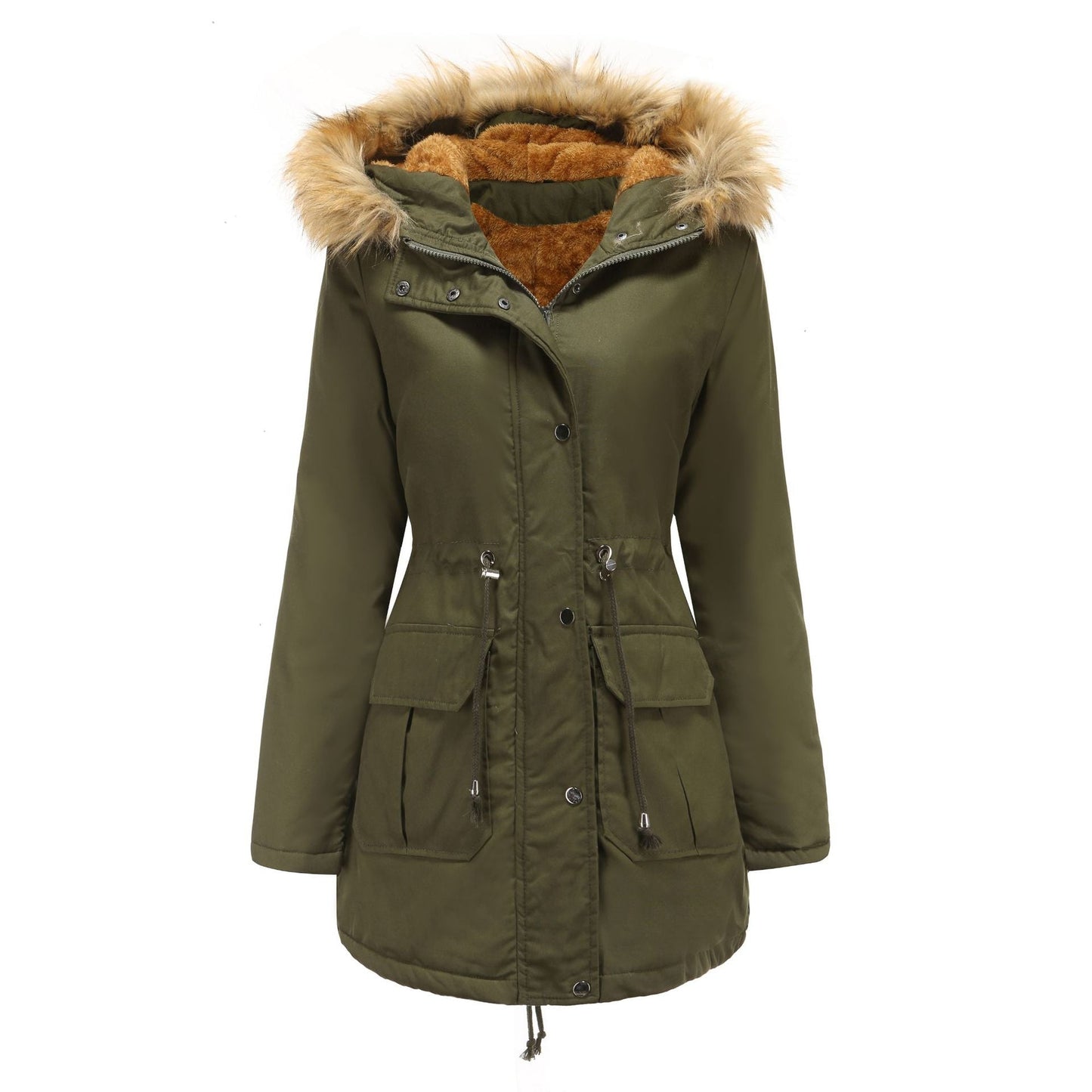 Warm Women's Parka Jacket with Fleece and Fur Hood