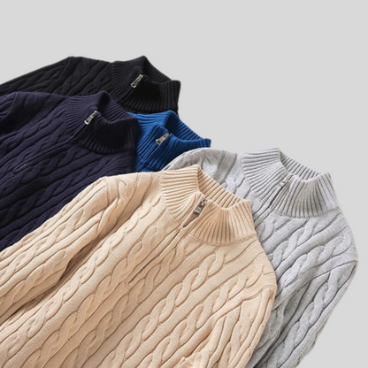 VogeLuxe | Men’s Cable Knit Mock Neck Quarter Zip Sweater