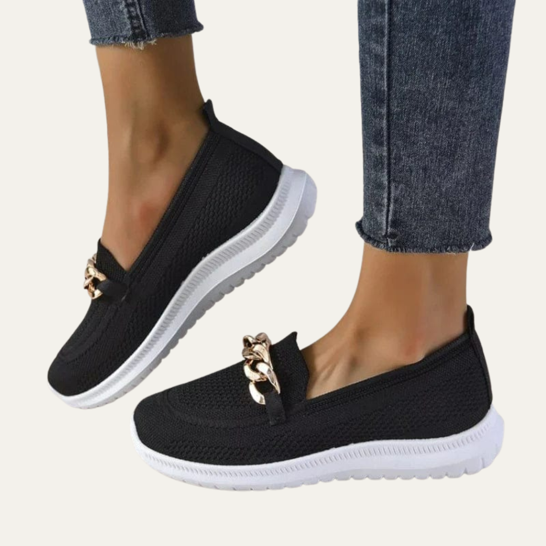 VogeLuxe | Women’s Knitted Slip On Loafers with Chain Detail