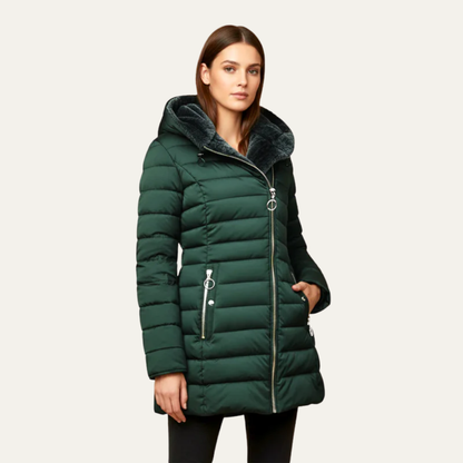 VogeLuxe | Women’s Mid Length Quilted Puffer Coat with Faux Fur Hood