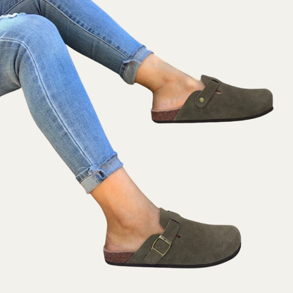 VogeLuxe | Women’s Suede Look Closed Toe Mule with Cork Style Footbed