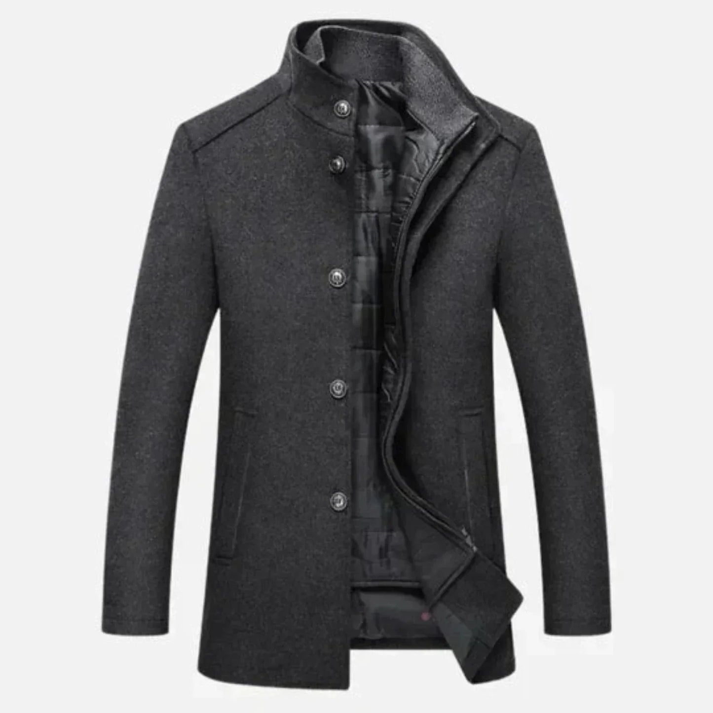Classic Men's Long Coat with Stand Up Collar