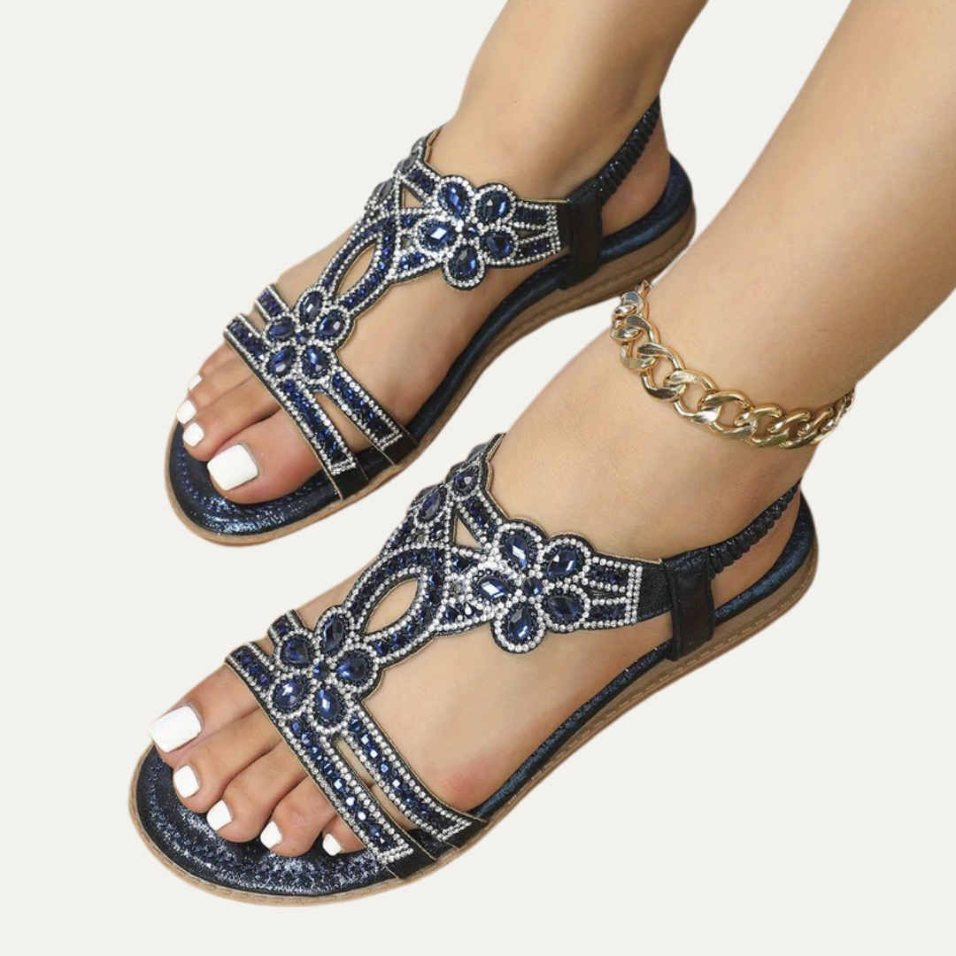 VogeLuxe | Women’s Open Toe Rhinestone T Strap Flat Sandal