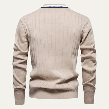 VogeLuxe | Men’s V Neck Rib Knit Cardigan with Striped Trim