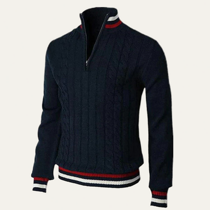 VogeLuxe | Men’s Striped Mock Neck Cable Zip Sweater