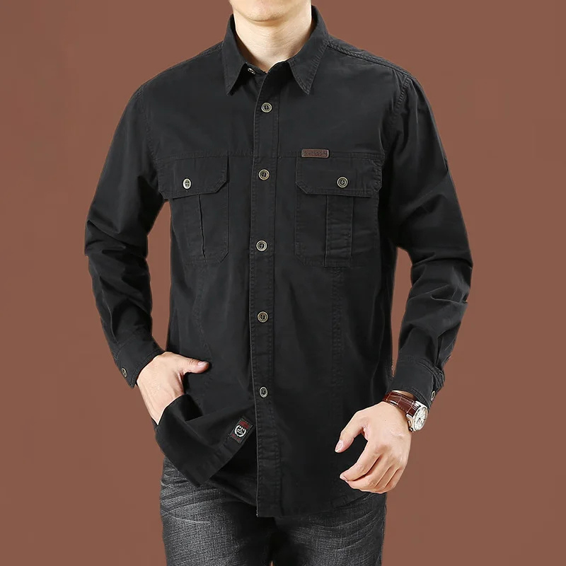 Relaxed Fit Work Shirt with Pockets Long Sleeve Button Front - VogeLuxe