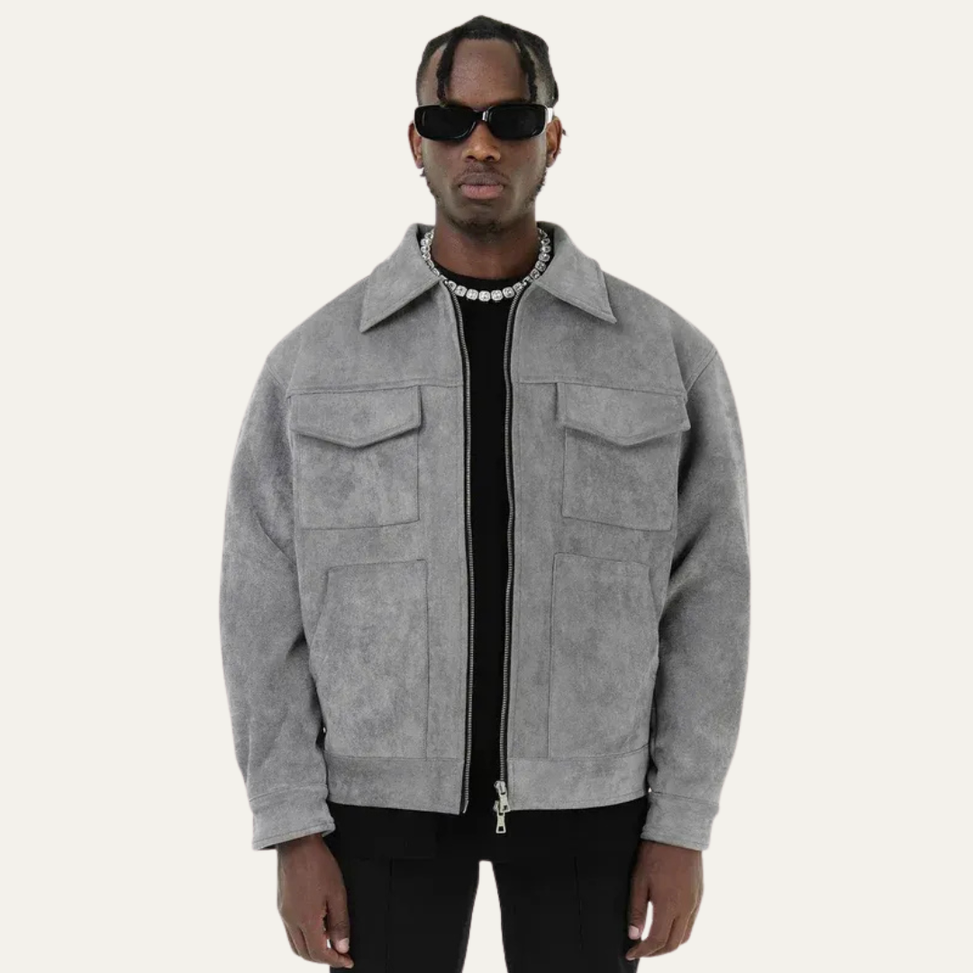 VogeLuxe | Men’s Suede Look Boxy Chore Jacket with Four Flap Pockets