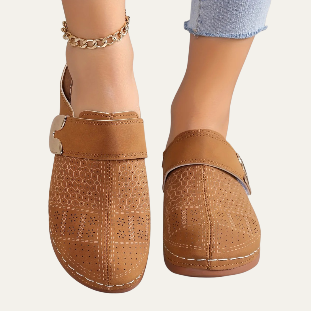 VogeLuxe | Women’s Perforated Floral Buckle Slip On Mules