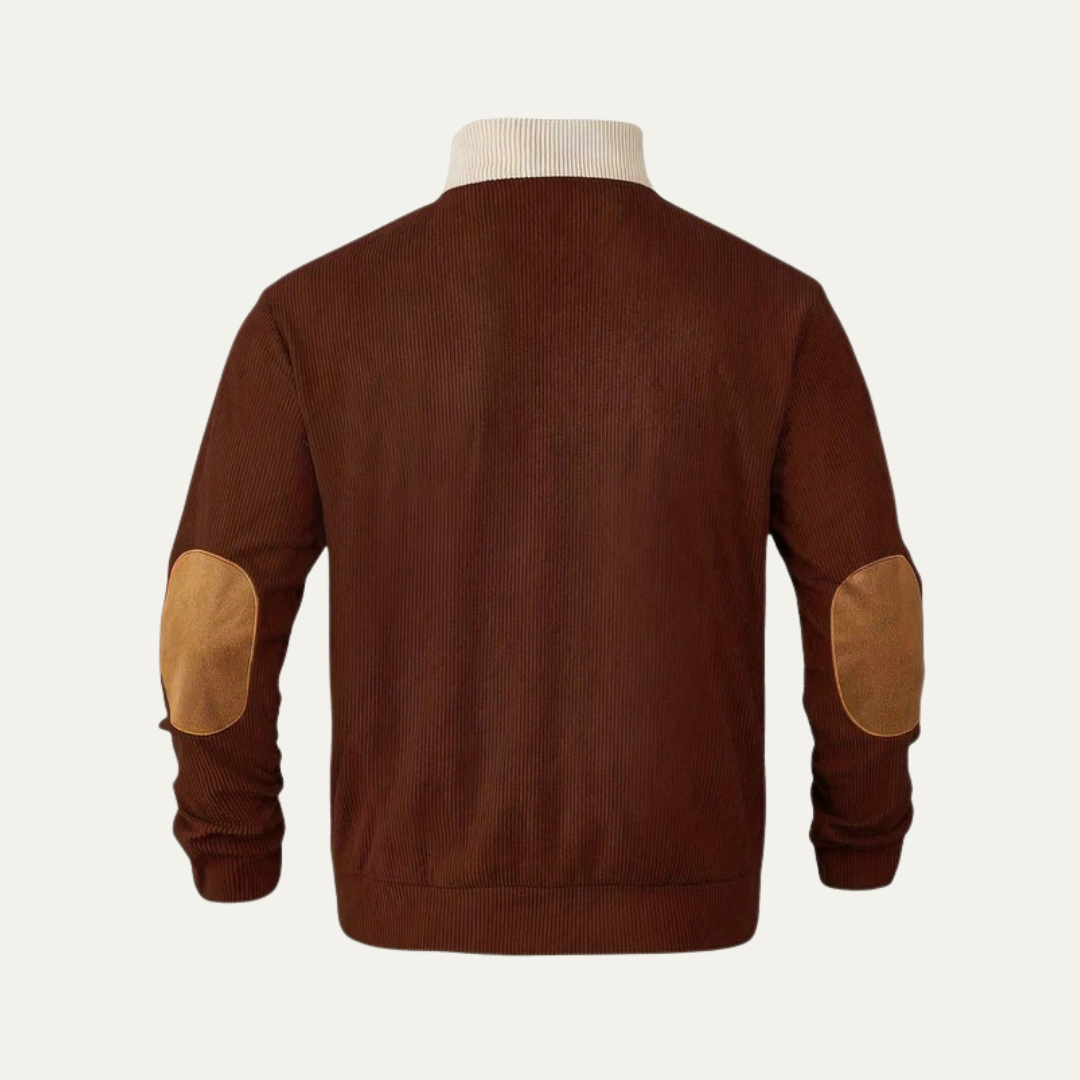 VogeLuxe | Men’s Corduroy Pullover Sweater with Buttoned Leather Placket