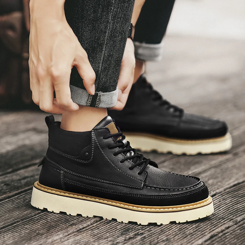 Classic Men's Vegan Leather Ankle Boots with Thick Soles