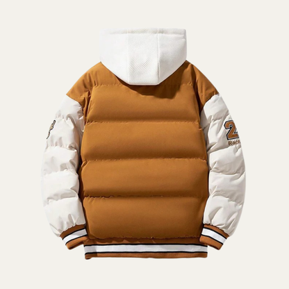 VogeLuxe | Men’s Varsity Style Puffer Jacket with Embroidered Graphics