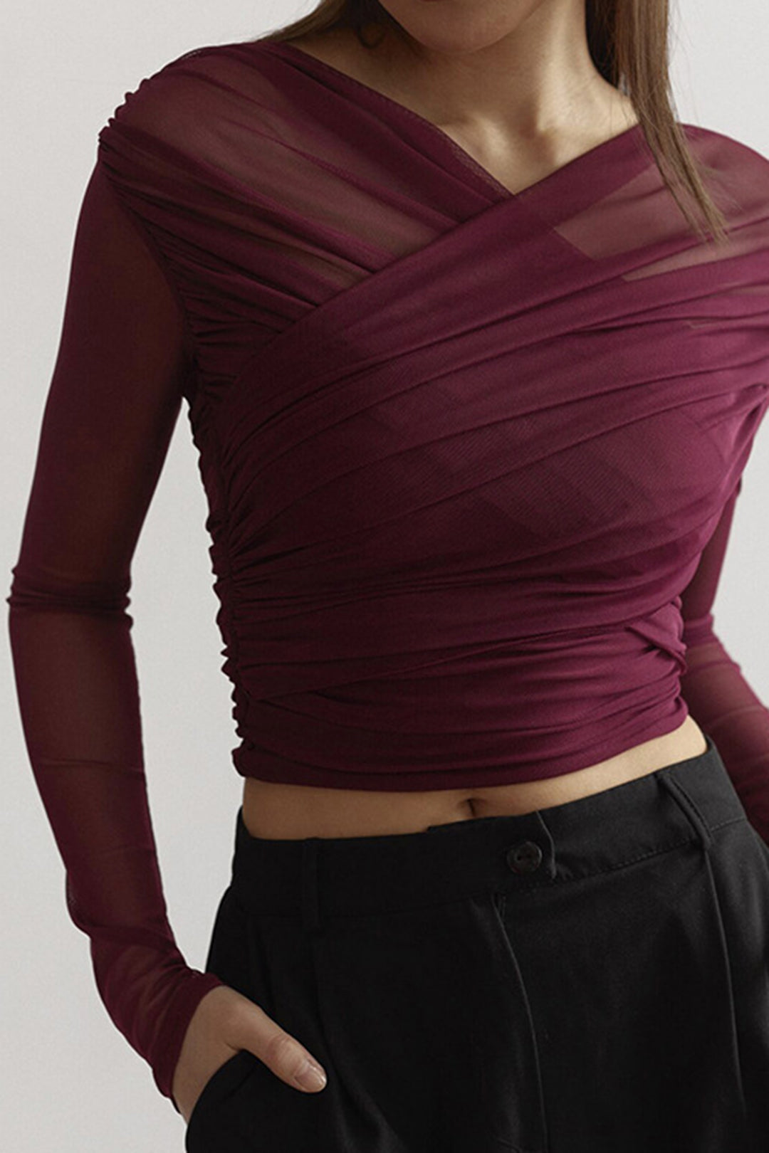 Feminine Textured Mesh Blouse for Women - VogeLuxe