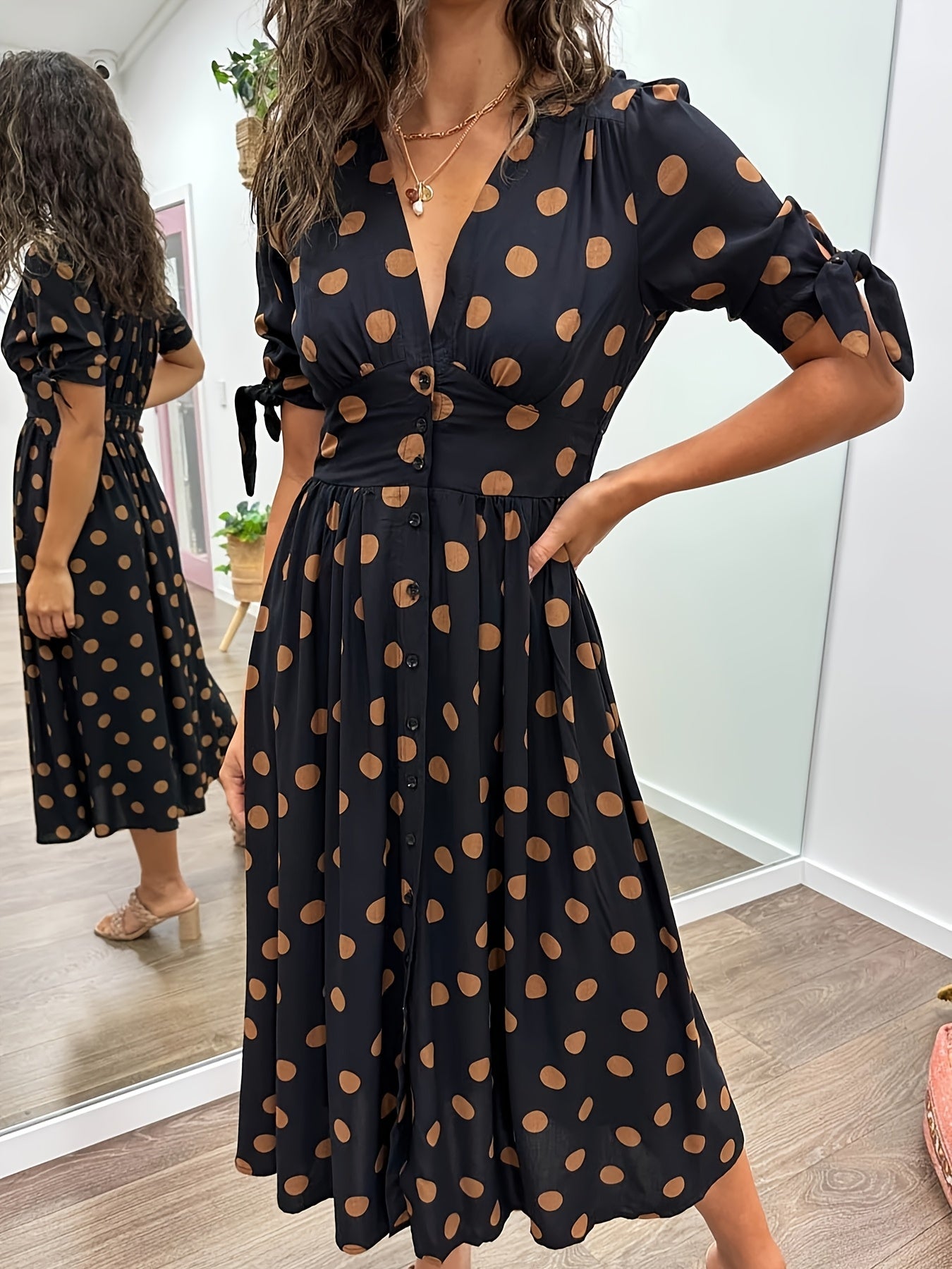 Elegant Spot Print Mid Length Day Dress - VogeLuxe